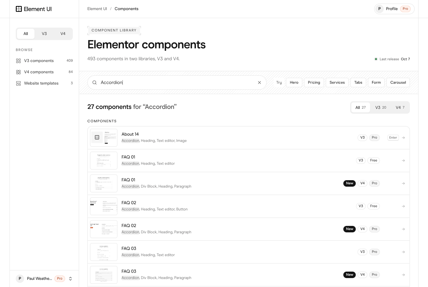 The new component library search, showing 27 results for Accordion across V3 and V4