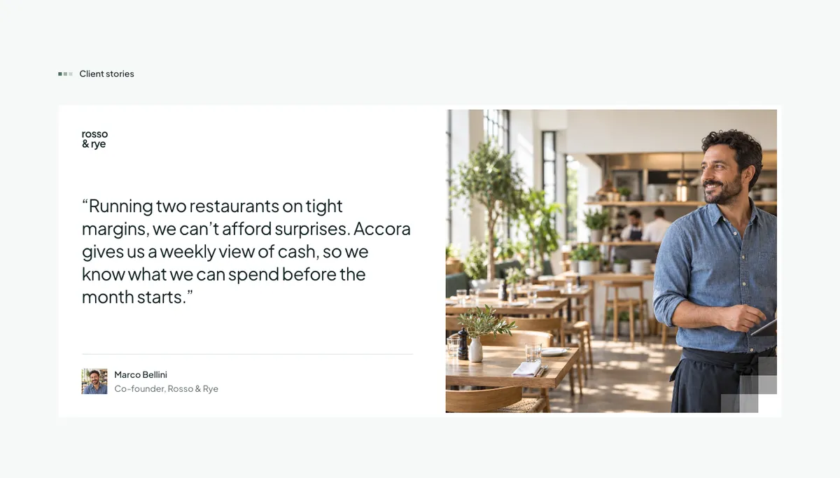 Accora in the Original style: the client stories section