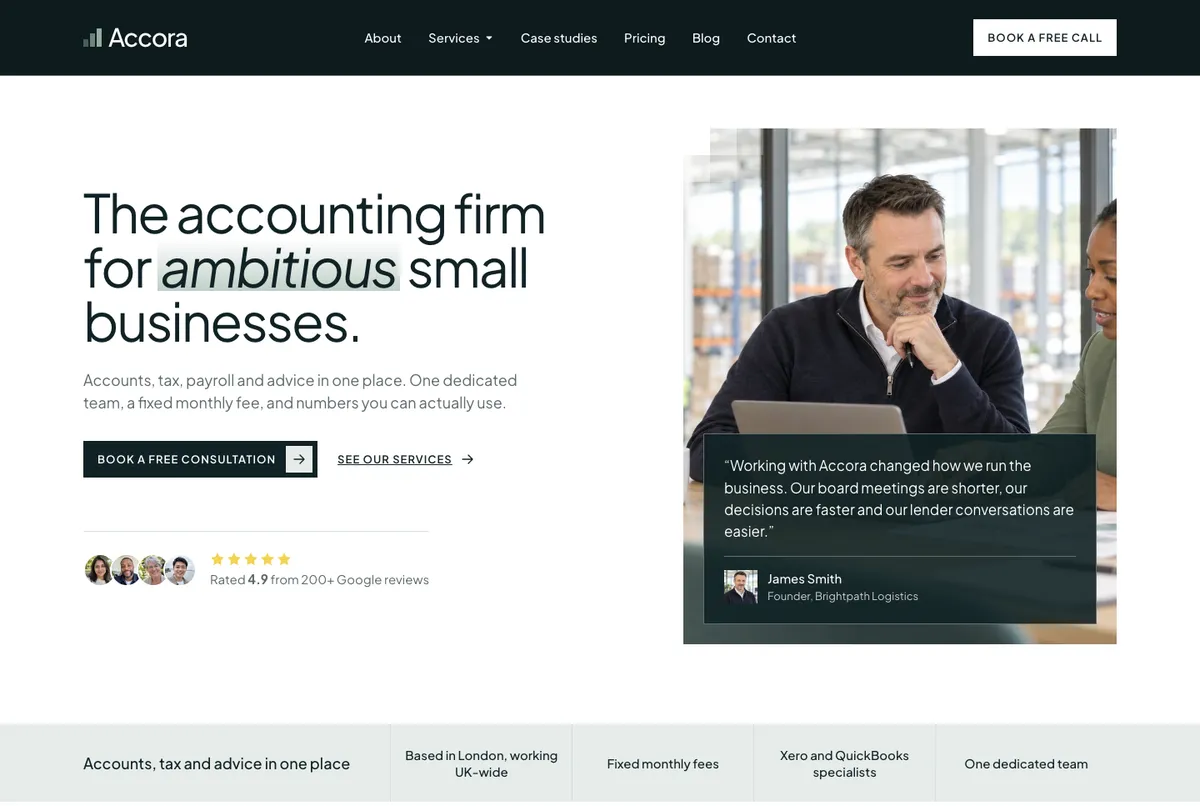 Accora as it ships, an accounting firm: the home page's first screen