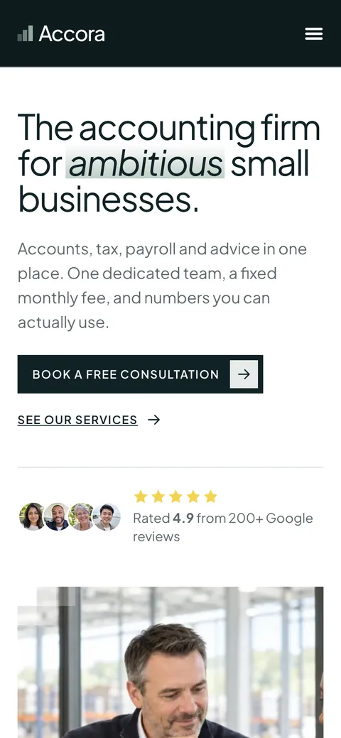 Accora in the Original style on a phone: the home page