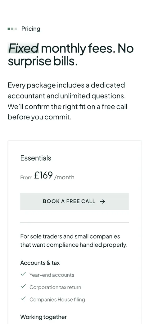 Accora in the Original style on a phone: the pricing section