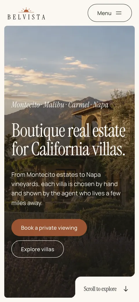 Belvista in the Original style on a phone: the home page