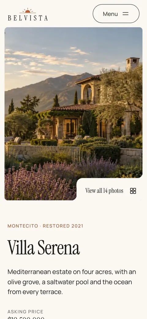 Belvista in the Original style on a phone: a villa page