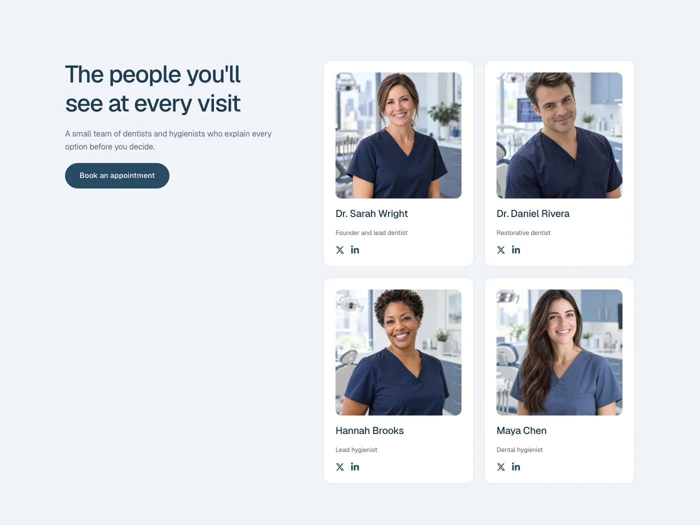 V4 Team 02 restyled to Smile's design system: Smile's blue, Geist, rounded cards and the clinic's team