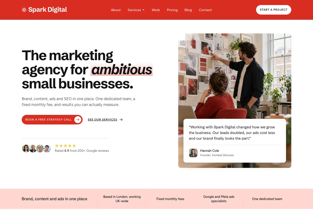 The same template as Spark Digital, a marketing agency: black and red, new fonts, logo, copy and photos
