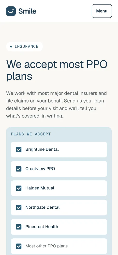 Smile in the Original style on a phone: the insurance section